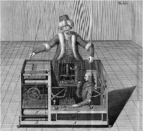 A drawing of a mechanical chess machine. The upper half of a mechanical Turkish man protrudes from the top of the box to move the pieces. The box is cutaway, showing a human operator controlling the machine from the inside of the device.